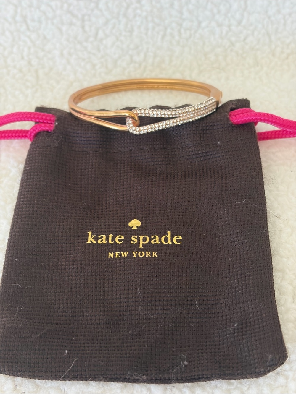 Kate Spade Rose Gold Crystal Pave Hook Bangle Bracelet & Pouch